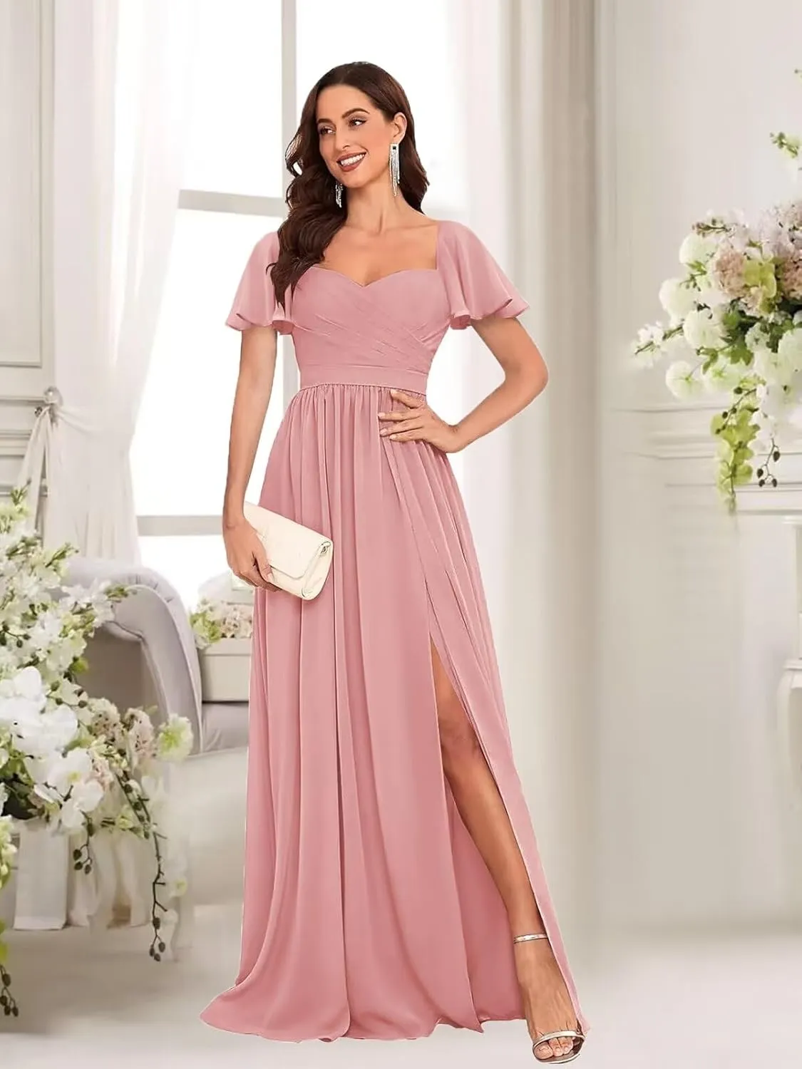 Long Chiffon Bridesmaid Dresses with Sleeves Elegant Sweetheart Formal Evening Gown for Women