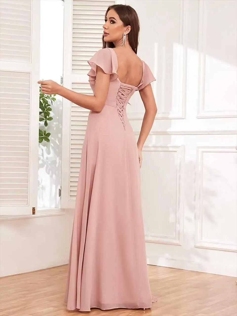 Long Chiffon Bridesmaid Dresses with Sleeves Elegant Sweetheart Formal Evening Gown for Women