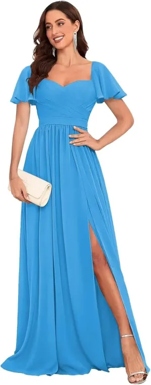 Long Chiffon Bridesmaid Dresses with Sleeves Elegant Sweetheart Formal Evening Gown for Women
