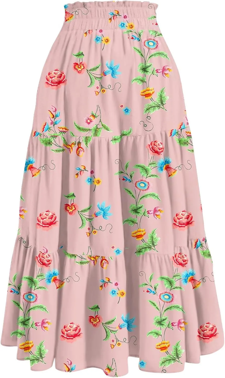 Long Skirts for Women Maxi Boho Summer Floral Print A Line Skirts Drawstring Elastic High Waist Pleated Tiered Skirt