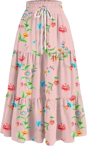 Long Skirts for Women Maxi Boho Summer Floral Print A Line Skirts Drawstring Elastic High Waist Pleated Tiered Skirt