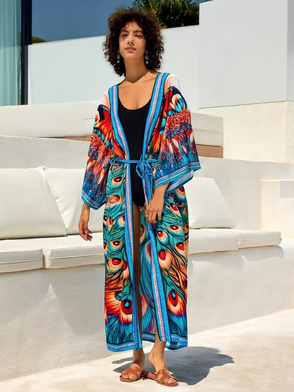 LOUSEA Women's Kimono Swimsuit Cover Ups Colorful Long Beach Kimonos Long Sleeve Robe Pool Cover Up Bathing Suit Kimono
