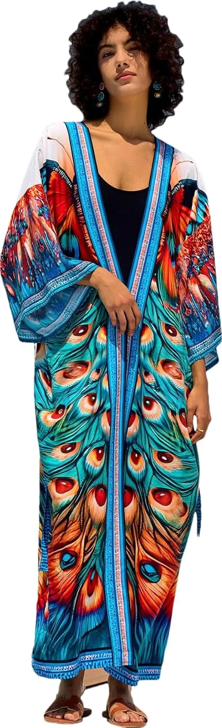 LOUSEA Women's Kimono Swimsuit Cover Ups Colorful Long Beach Kimonos Long Sleeve Robe Pool Cover Up Bathing Suit Kimono