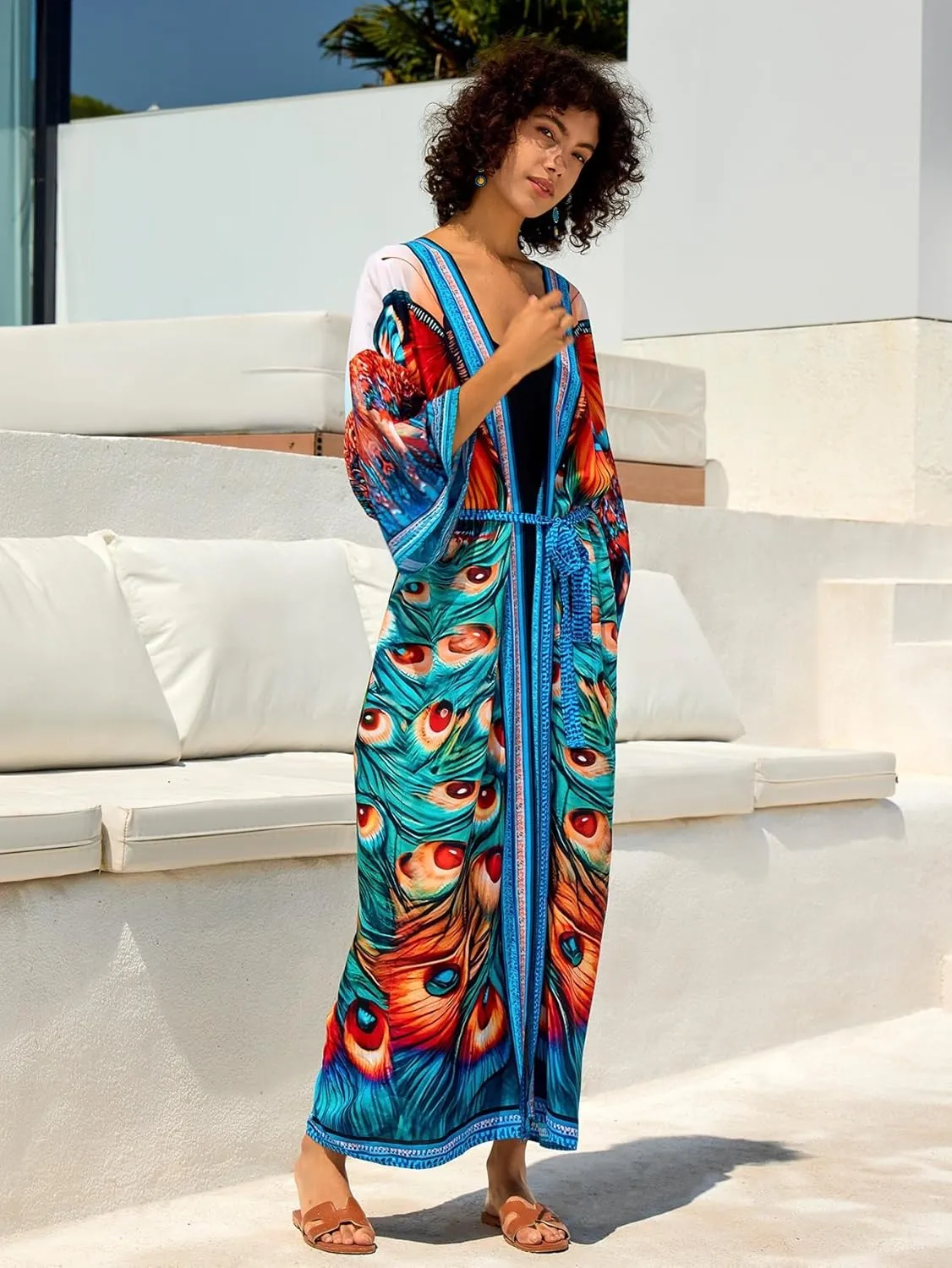 LOUSEA Women's Kimono Swimsuit Cover Ups Colorful Long Beach Kimonos Long Sleeve Robe Pool Cover Up Bathing Suit Kimono