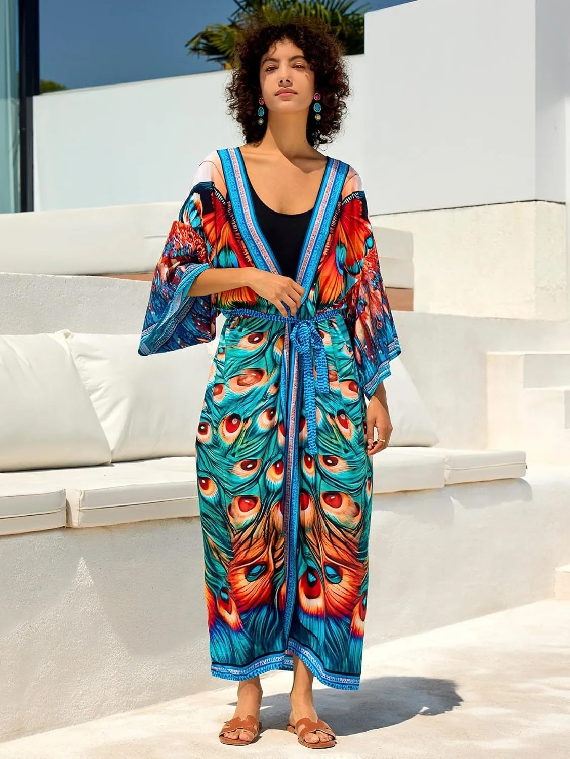 LOUSEA Women's Kimono Swimsuit Cover Ups Colorful Long Beach Kimonos Long Sleeve Robe Pool Cover Up Bathing Suit Kimono