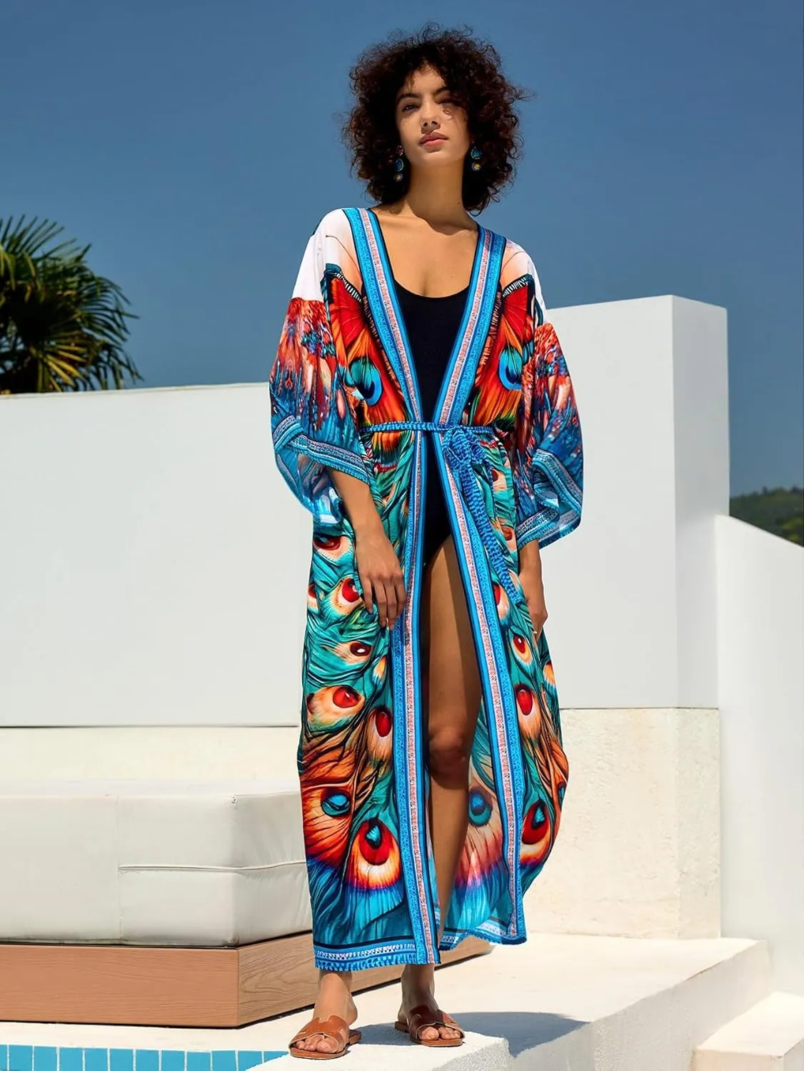 LOUSEA Women's Kimono Swimsuit Cover Ups Colorful Long Beach Kimonos Long Sleeve Robe Pool Cover Up Bathing Suit Kimono