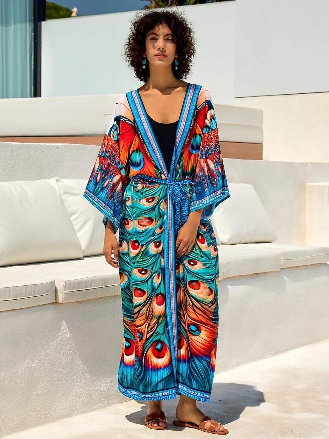 LOUSEA Women's Kimono Swimsuit Cover Ups Colorful Long Beach Kimonos Long Sleeve Robe Pool Cover Up Bathing Suit Kimono