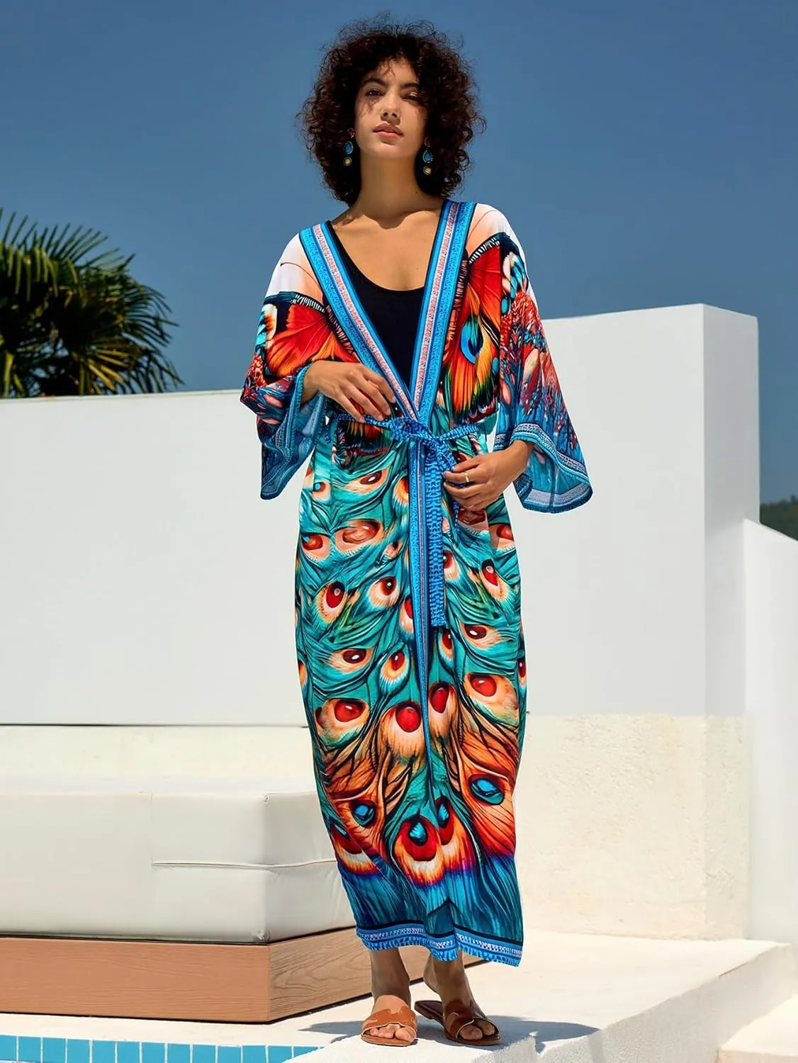 LOUSEA Women's Kimono Swimsuit Cover Ups Colorful Long Beach Kimonos Long Sleeve Robe Pool Cover Up Bathing Suit Kimono