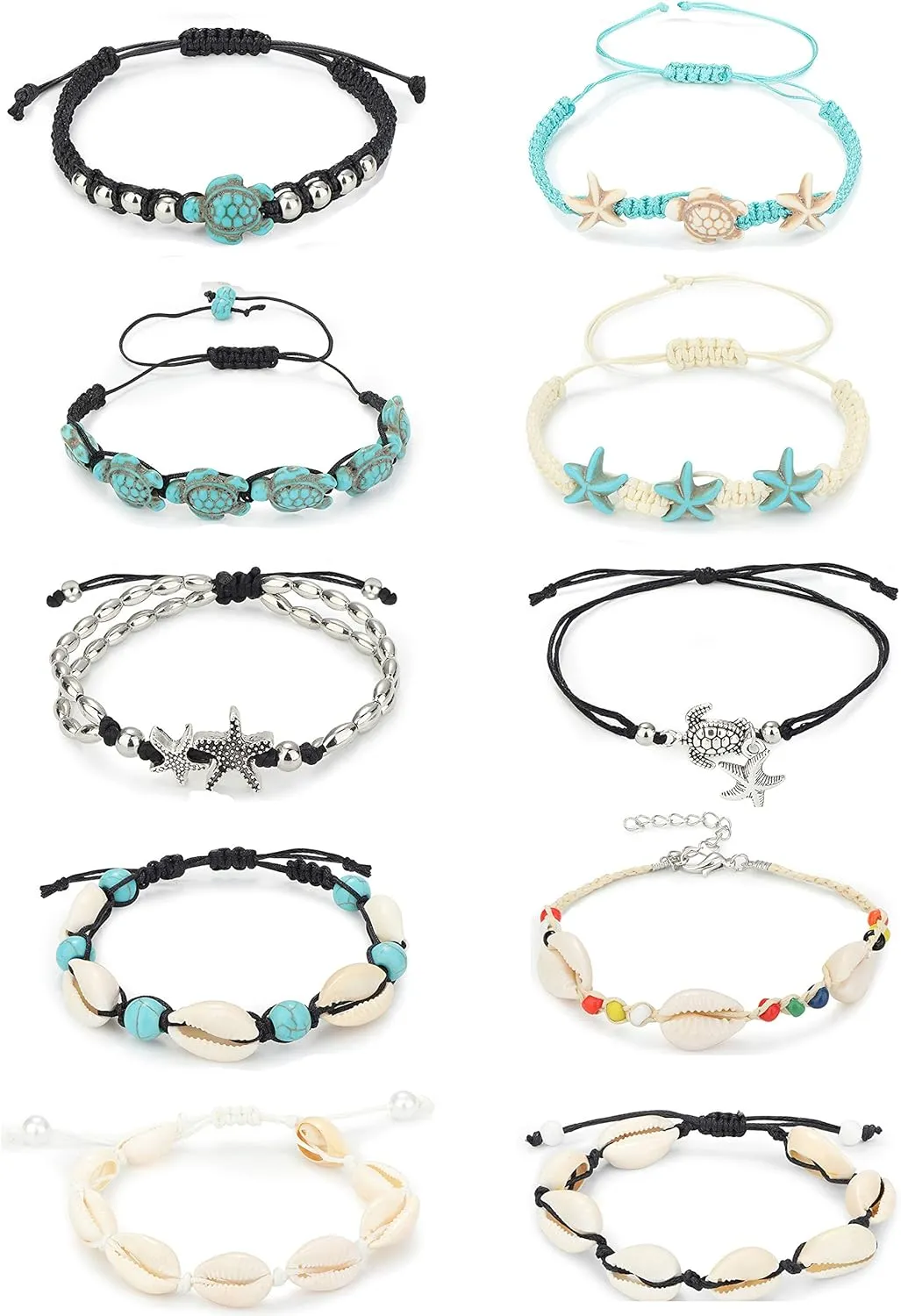 LOYALLOOK 10PCS Shell Turtle Ankle Bracelets Handmade Boho Anklet Jewelry Adjustable Natural Cowrie Shell Beach Bead Anklet for Women