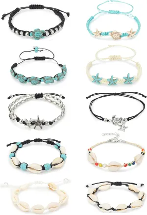 LOYALLOOK 10PCS Shell Turtle Ankle Bracelets Handmade Boho Anklet Jewelry Adjustable Natural Cowrie Shell Beach Bead Anklet for Women
