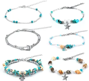 LUTER 6pcs Shell Anklet, Bohemian Anklets Bracelet with Shell Charm Beaded Anklets Bracelets Adjustable Rice Bead Anklet Handmade Beaded Anklets for Women(Blue)