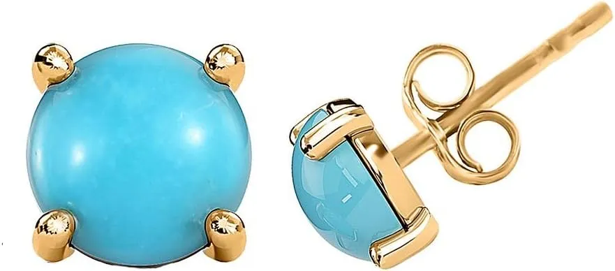 LUXORO Natural Sleeping Beauty Turquoise Stud Earrings For Women 10K Yellow Gold 5mm Boho Western Birthday Gifts for Women Engagement Anniversary Wedding Promise