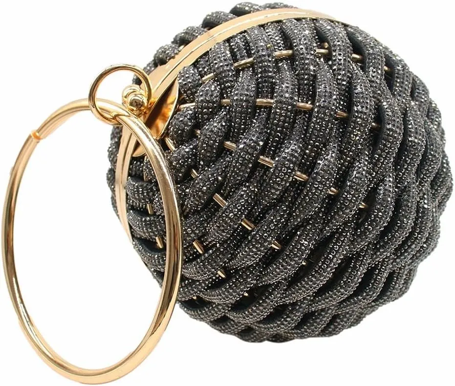 Luxury Rhinestone Ball Shape Clutch Purse Round Ball Evening Handbag Woven Metal Crystal Evening Bag for Party Prom