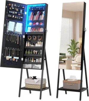 LVSOMT 3 LEDs Mirror Jewelry Cabinet, 60.4 Jewelry Mirror Full Length, Standing Lockable Jewelry Armoire Organizer, Floor Mirror with Storage for Jewelry Cosmetics, Black