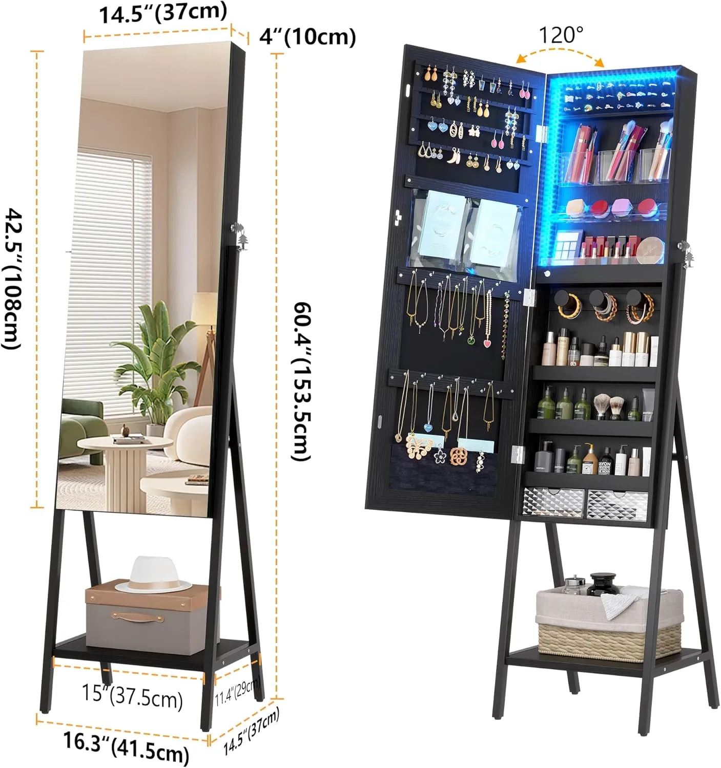 LVSOMT 3 LEDs Mirror Jewelry Cabinet, 60.4 Jewelry Mirror Full Length, Standing Lockable Jewelry Armoire Organizer, Floor Mirror with Storage for Jewelry Cosmetics, Black