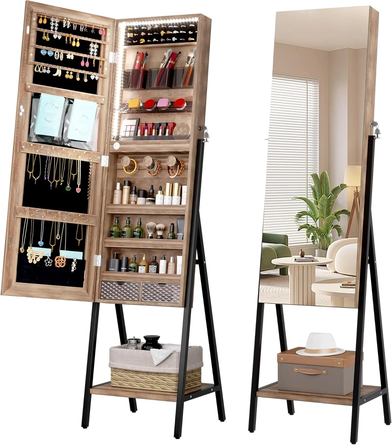 LVSOMT 3 LEDs Mirror Jewelry Cabinet, 60.4" Jewelry Mirror Full Length, Standing Lockable Jewelry Armoire Organizer, Floor Mirror with Storage for Jewelry Cosmetics, Brown