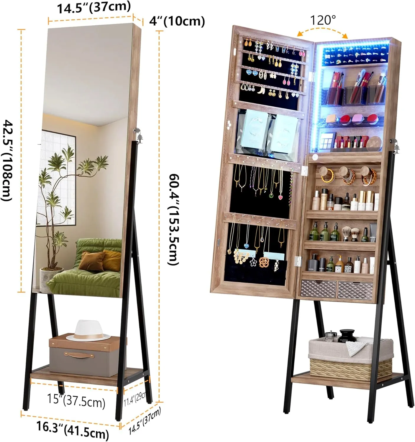 LVSOMT 3 LEDs Mirror Jewelry Cabinet, 60.4" Jewelry Mirror Full Length, Standing Lockable Jewelry Armoire Organizer, Floor Mirror with Storage for Jewelry Cosmetics, Brown