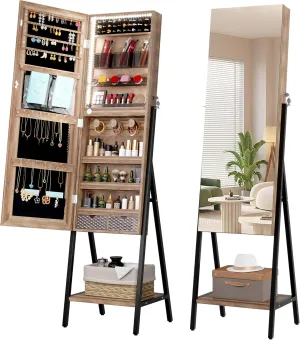 LVSOMT 3 LEDs Mirror Jewelry Cabinet, 60.4" Jewelry Mirror Full Length, Standing Lockable Jewelry Armoire Organizer, Floor Mirror with Storage for Jewelry Cosmetics, Brown