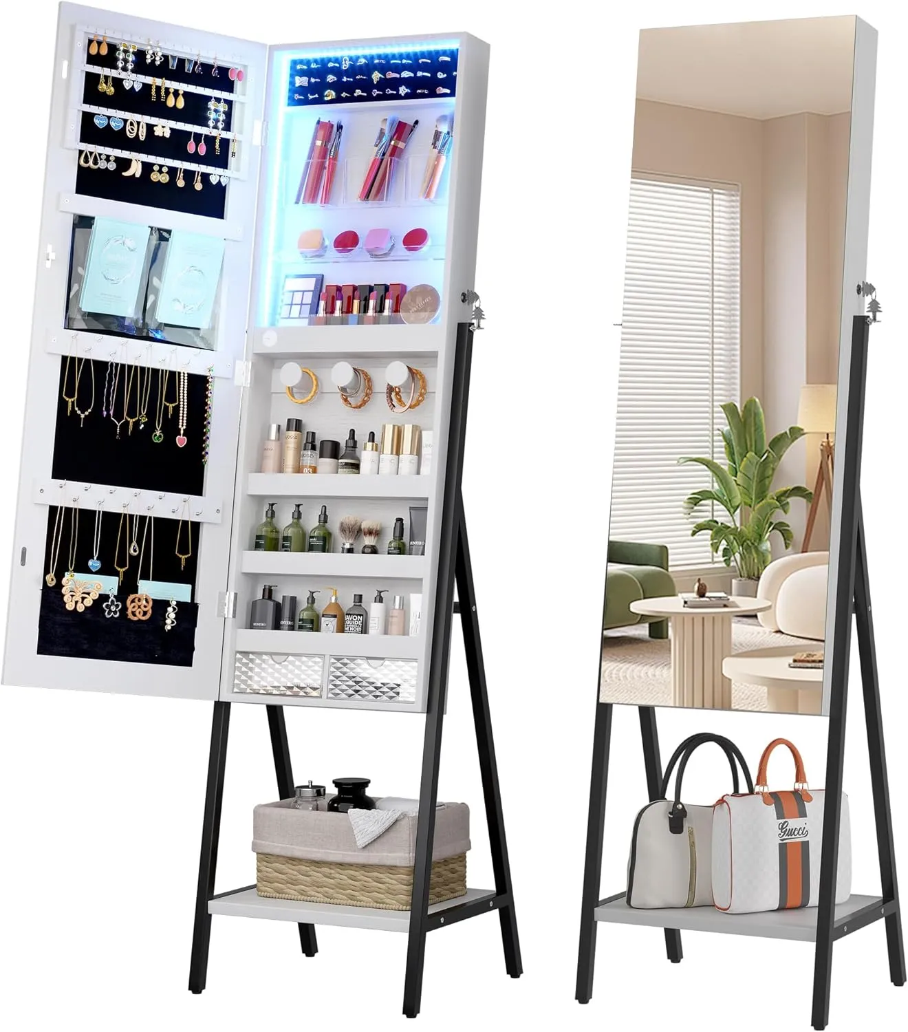 LVSOMT 3 LEDs Mirror Jewelry Cabinet, 60.4" Jewelry Mirror Full Length, Standing Lockable Jewelry Armoire Organizer, Floor Mirror with Storage for Jewelry Cosmetics, White