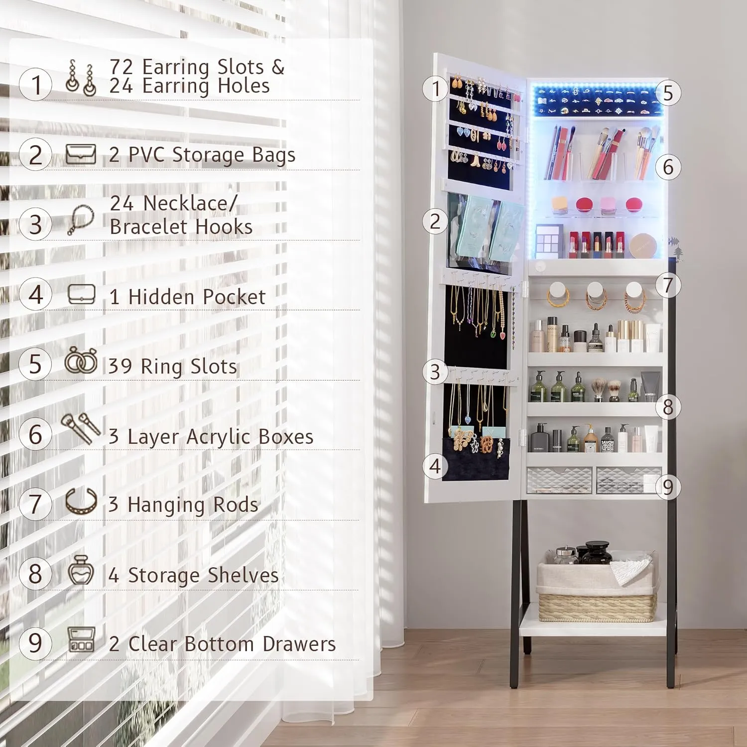 LVSOMT 3 LEDs Mirror Jewelry Cabinet, 60.4" Jewelry Mirror Full Length, Standing Lockable Jewelry Armoire Organizer, Floor Mirror with Storage for Jewelry Cosmetics, White