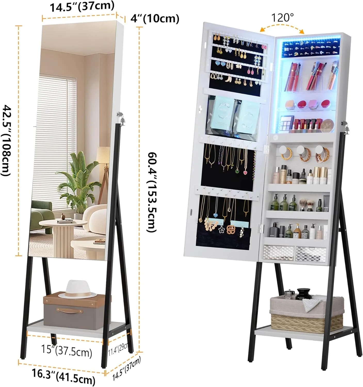 LVSOMT 3 LEDs Mirror Jewelry Cabinet, 60.4" Jewelry Mirror Full Length, Standing Lockable Jewelry Armoire Organizer, Floor Mirror with Storage for Jewelry Cosmetics, White