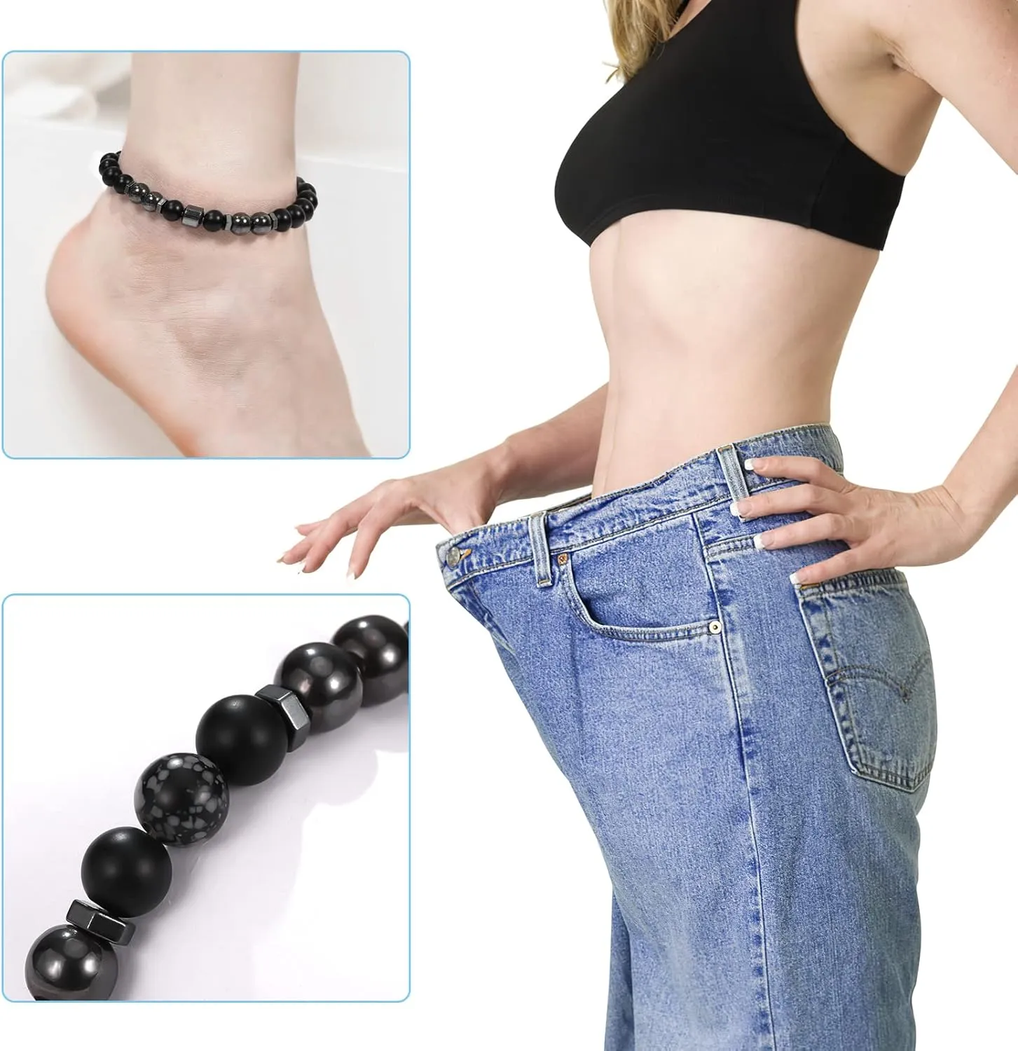 Lymph Detox Bracelet Slim Anklet for Women, Hematite Beads Obsidian Anti-Swelling Stretch for Stress Anxiety Relief, Energy Metal Bracelet