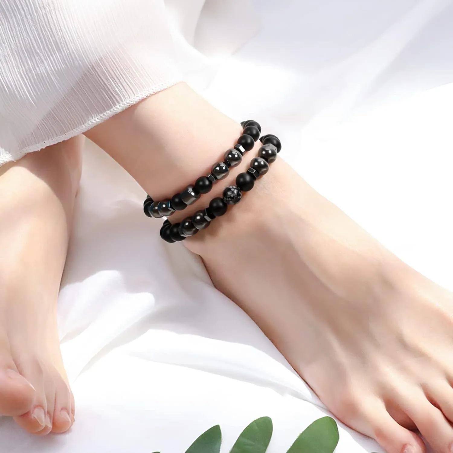 Lymph Detox Bracelet Slim Anklet for Women, Hematite Beads Obsidian Anti-Swelling Stretch for Stress Anxiety Relief, Energy Metal Bracelet