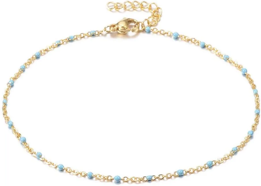 LZD Stainless Steel Chain Anklets Bracelet Enamel Blue Red Green Gold Pink Mixed 9" 2mm P279