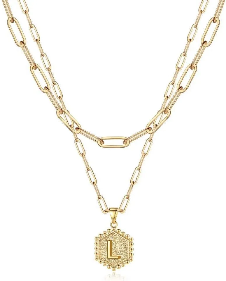 M MOOHAM Dainty Gold Necklace for Women - 14K Solid Gold Over Layering Necklaces for Women Cute Hexagon Letter Initial Necklaces for Women Gold Layered Necklaces for Women Jewelry Gifts