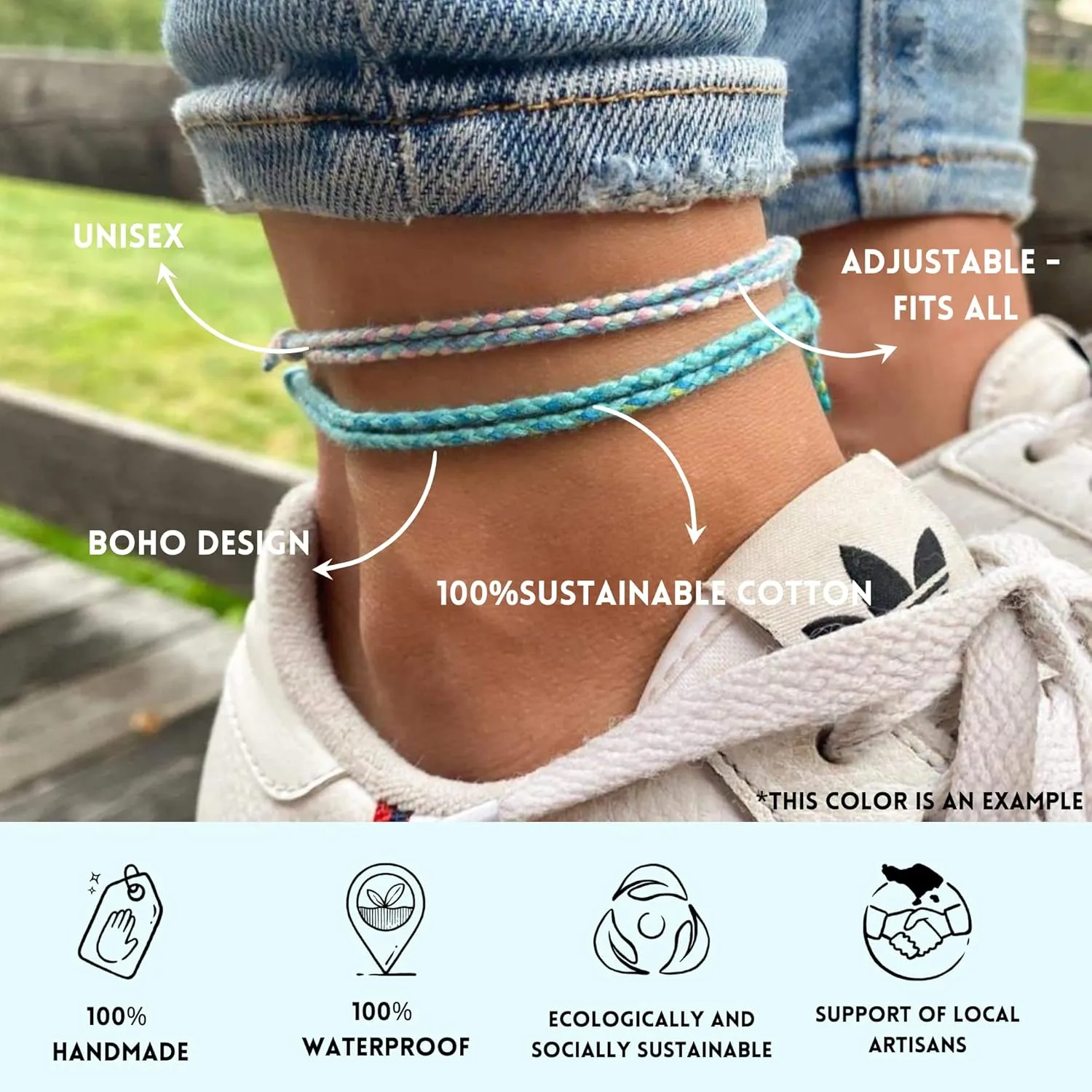 Made by Nami 2 Pcs Wave String Ankle Bracelets for Women Waterproof & Adjustable Thin Braided Anklet Surfer Boho Ankle Bracelet Set of 2 Beach Accessories (Multi Set)