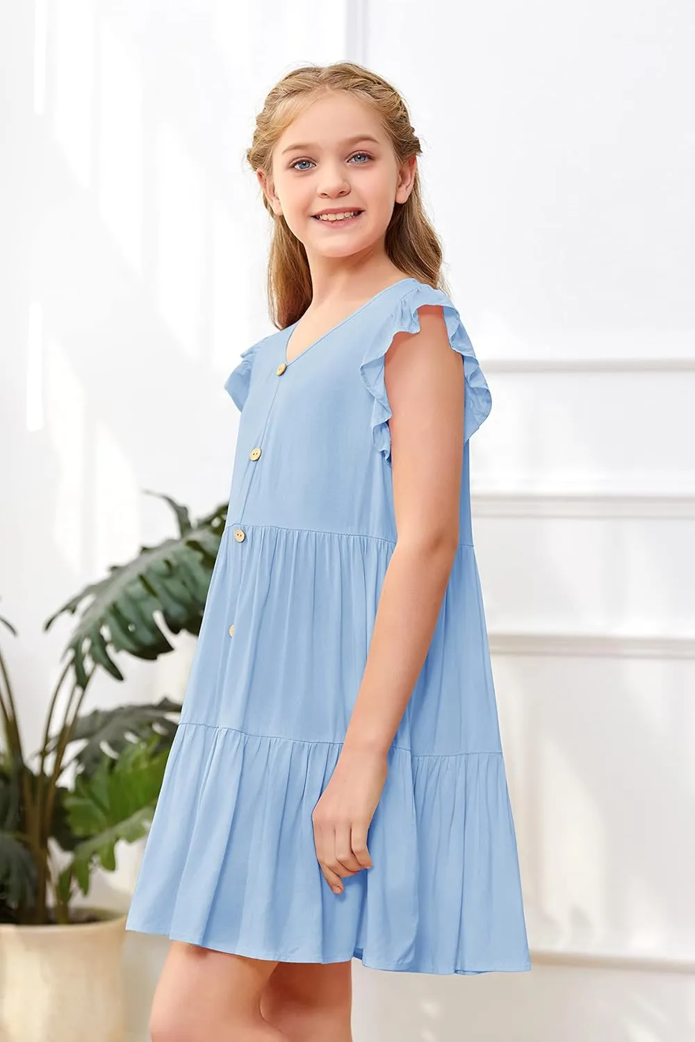 Mafulus Girls Ruffle Sleeve Dress Kids V Neck Button Down Tiered Swing A-Line Summer Beach Sundress Outfit 5-14T