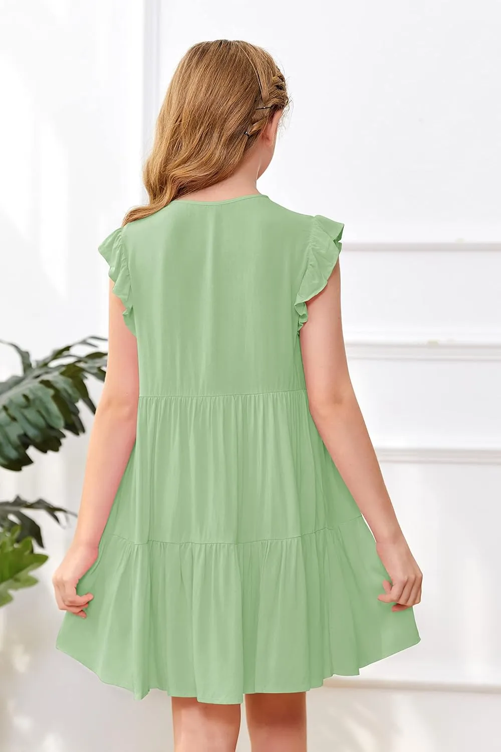 Mafulus Girls Ruffle Sleeve Dress Kids V Neck Button Down Tiered Swing A-Line Summer Beach Sundress Outfit 5-14T