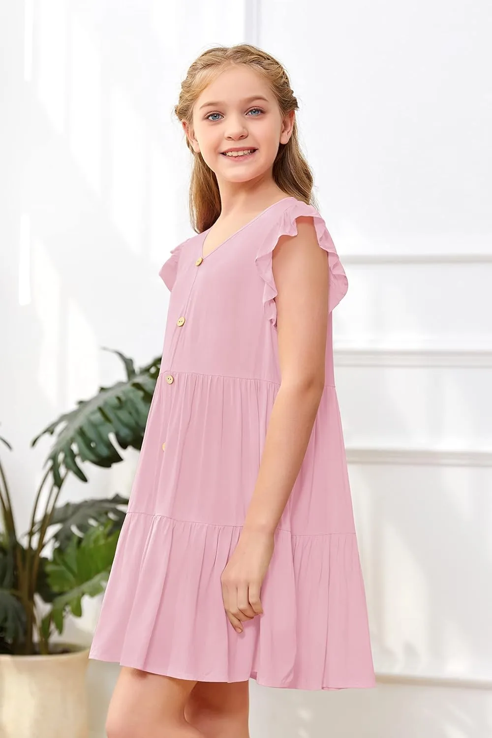 Mafulus Girls Ruffle Sleeve Dress Kids V Neck Button Down Tiered Swing A-Line Summer Beach Sundress Outfit 5-14T
