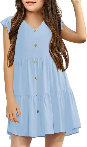Mafulus Girls Ruffle Sleeve Dress Kids V Neck Button Down Tiered Swing A-Line Summer Beach Sundress Outfit 5-14T