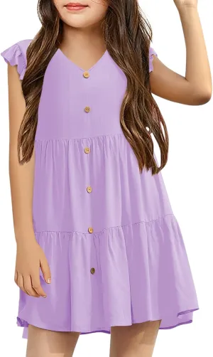 Mafulus Girls Ruffle Sleeve Dress Kids V Neck Button Down Tiered Swing A-Line Summer Beach Sundress Outfit 5-14T