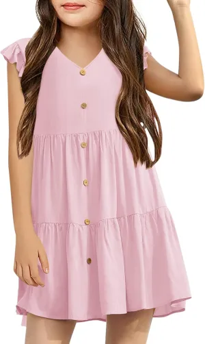 Mafulus Girls Ruffle Sleeve Dress Kids V Neck Button Down Tiered Swing A-Line Summer Beach Sundress Outfit 5-14T
