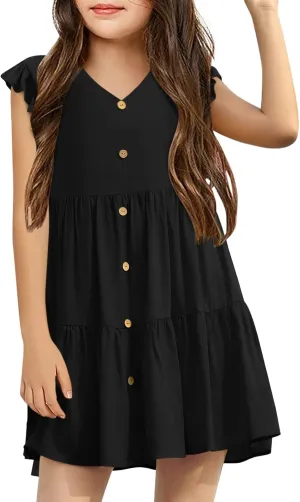 Mafulus Girls Ruffle Sleeve Dress Kids V Neck Button Down Tiered Swing A-Line Summer Beach Sundress Outfit 5-14T