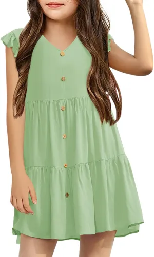 Mafulus Girls Ruffle Sleeve Dress Kids V Neck Button Down Tiered Swing A-Line Summer Beach Sundress Outfit 5-14T