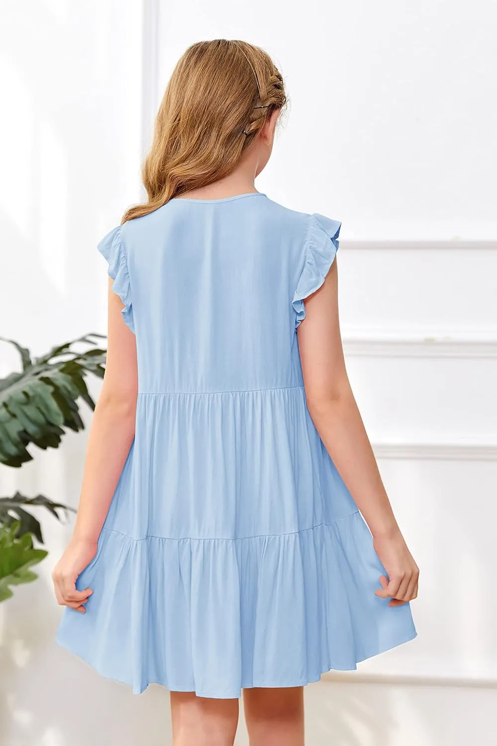 Mafulus Girls Ruffle Sleeve Dress Kids V Neck Button Down Tiered Swing A-Line Summer Beach Sundress Outfit 5-14T