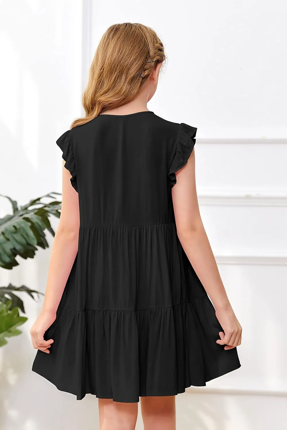 Mafulus Girls Ruffle Sleeve Dress Kids V Neck Button Down Tiered Swing A-Line Summer Beach Sundress Outfit 5-14T