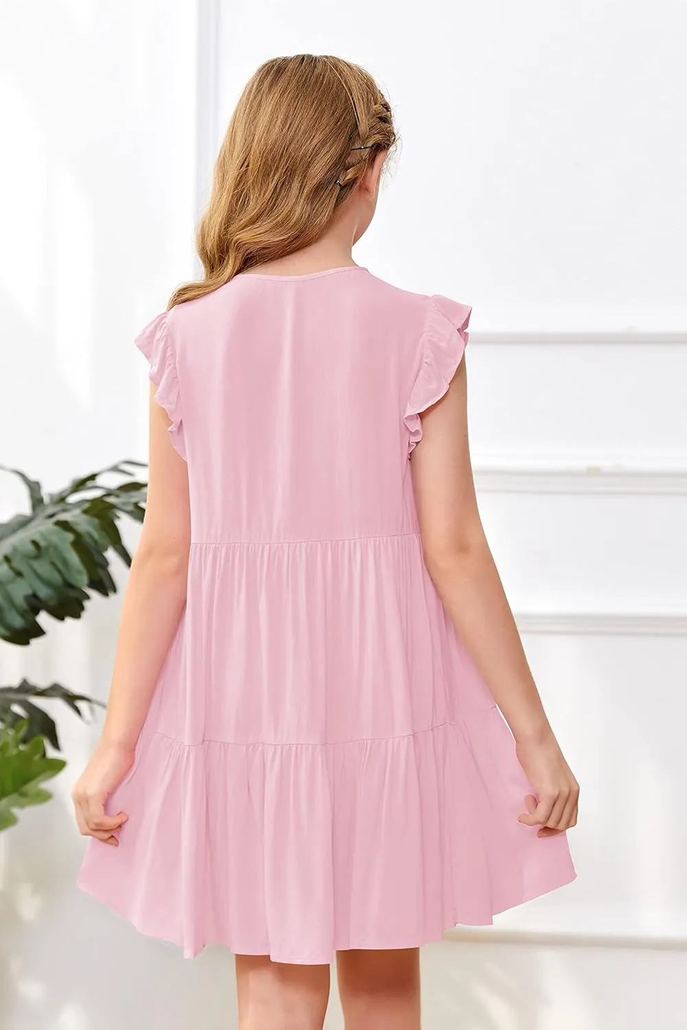 Mafulus Girls Ruffle Sleeve Dress Kids V Neck Button Down Tiered Swing A-Line Summer Beach Sundress Outfit 5-14T