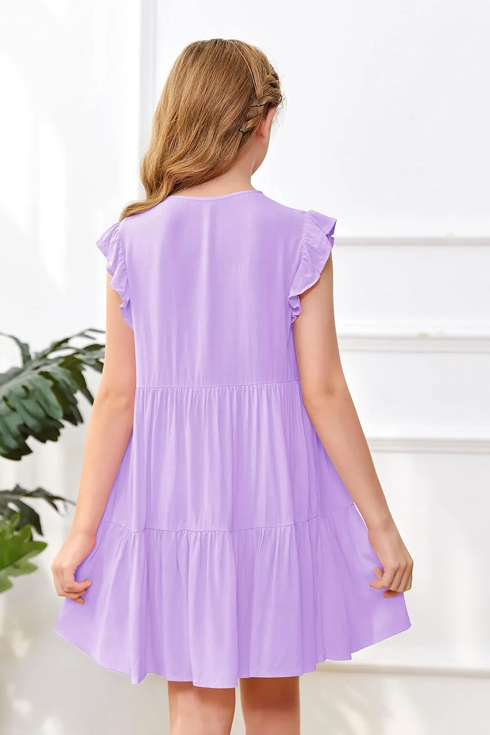 Mafulus Girls Ruffle Sleeve Dress Kids V Neck Button Down Tiered Swing A-Line Summer Beach Sundress Outfit 5-14T