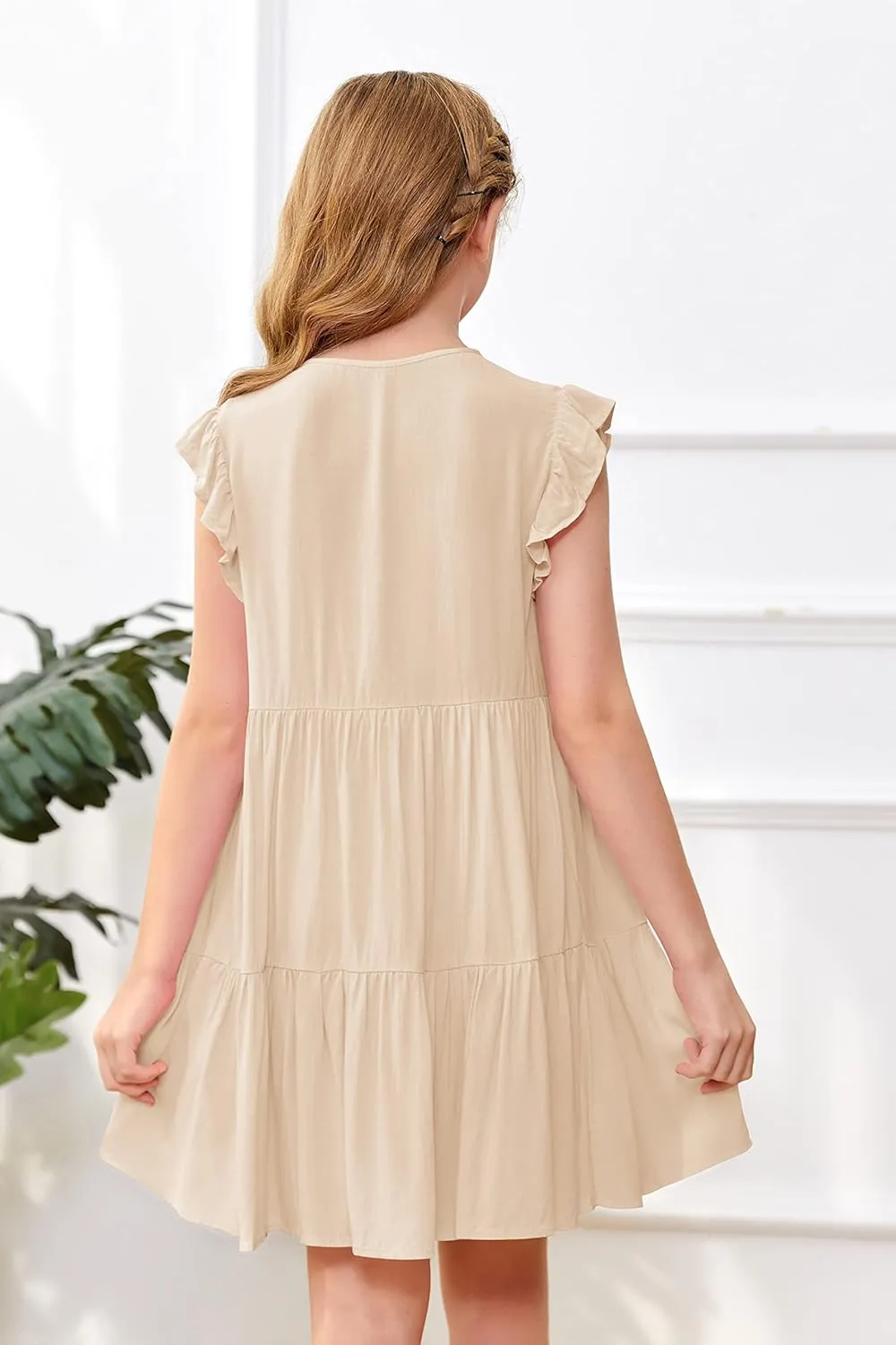 Mafulus Girls Ruffle Sleeve Dress Kids V Neck Button Down Tiered Swing A-Line Summer Beach Sundress Outfit 5-14T