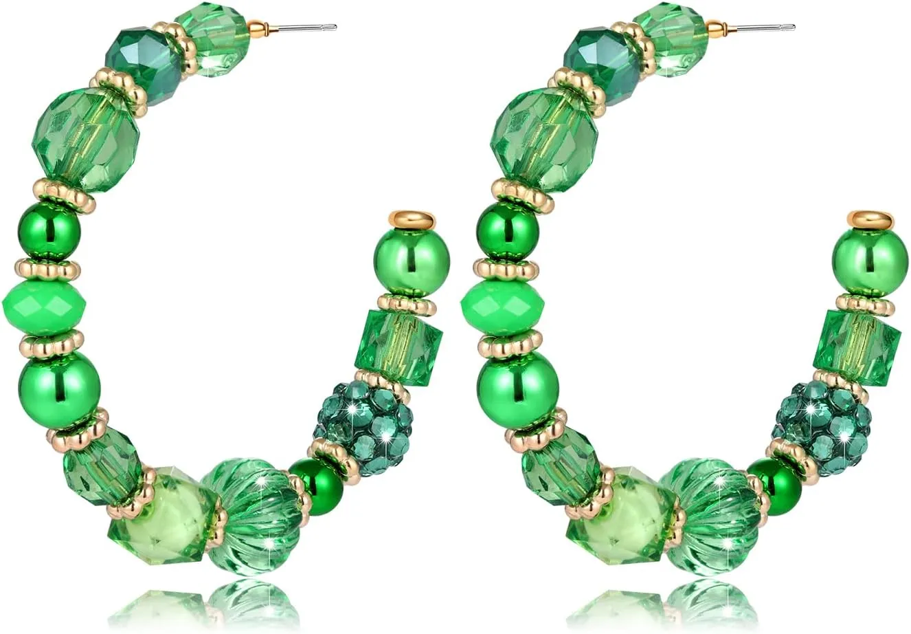 Mardi Gras Beaded Earrings for Women Green Purple Gold Beads Hoop Earrings Fat Tuesday Carnival Statement Earrings Holiday Party Jewelry Gift