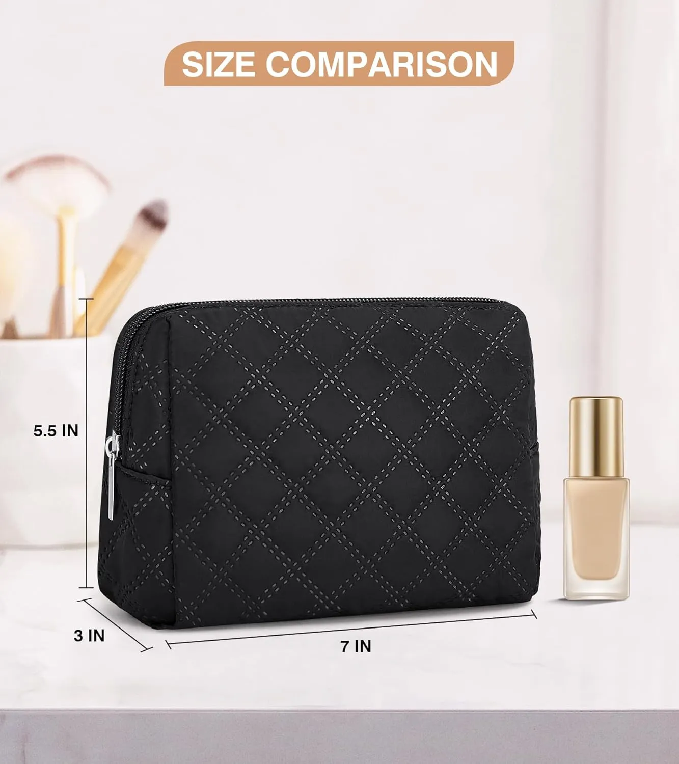 Marvolia Small Makeup Bag for Purse - Travel Cute Cosmetic Bag for Women Mini Makeup Organizer Zipper Pouch for Travel Essentials - Black(Small)
