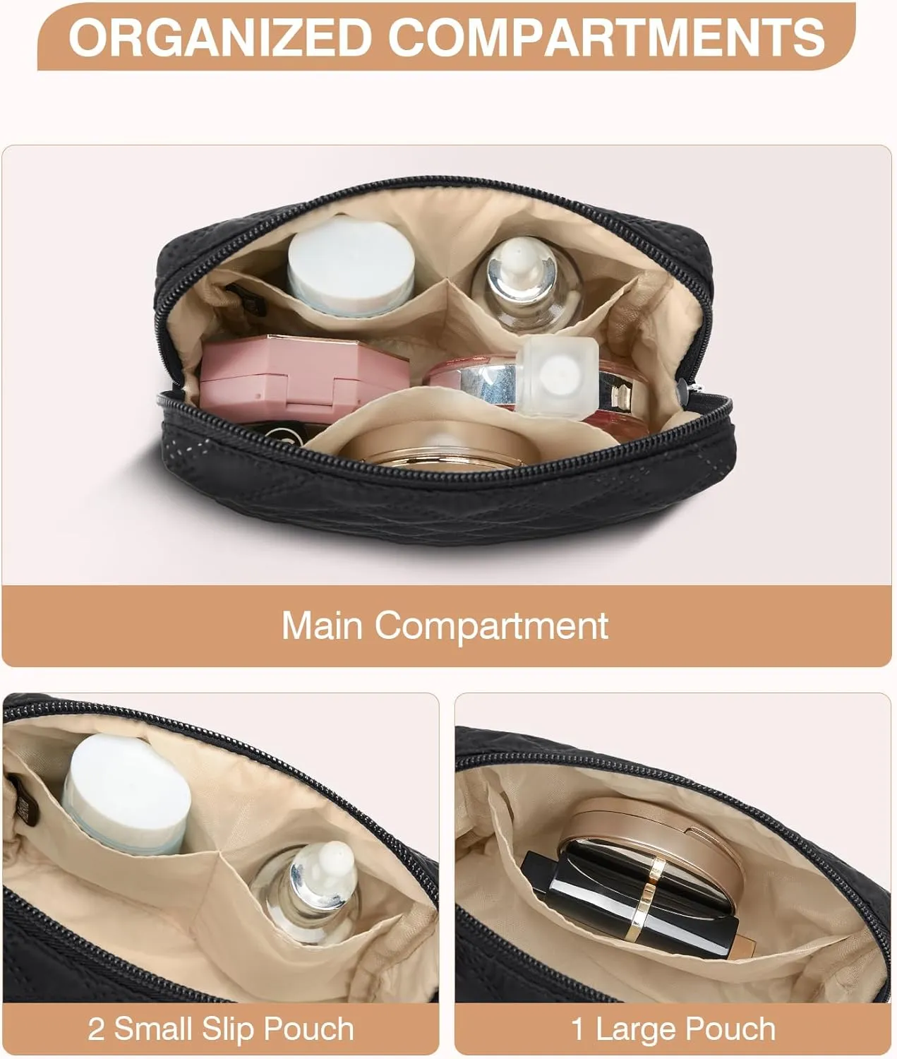 Marvolia Small Makeup Bag for Purse - Travel Cute Cosmetic Bag for Women Mini Makeup Organizer Zipper Pouch for Travel Essentials - Black(Small)
