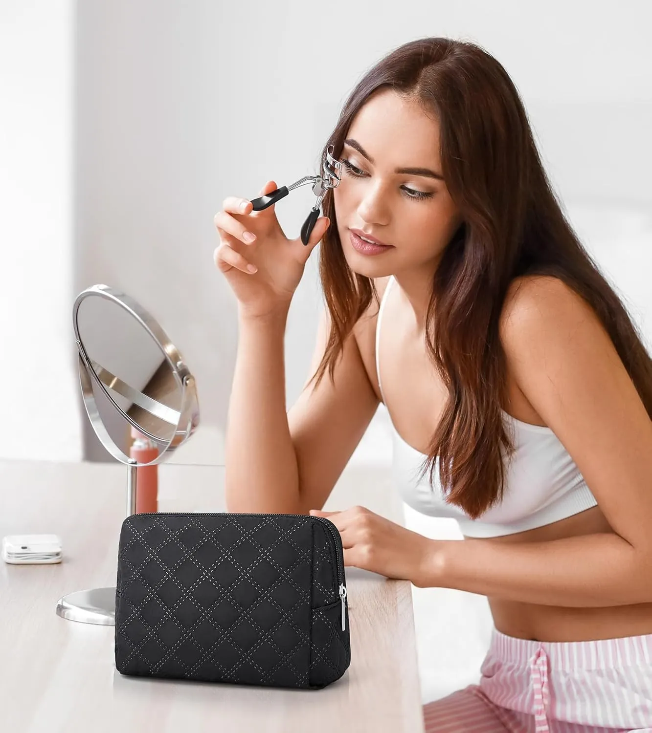Marvolia Small Makeup Bag for Purse - Travel Cute Cosmetic Bag for Women Mini Makeup Organizer Zipper Pouch for Travel Essentials - Black(Small)