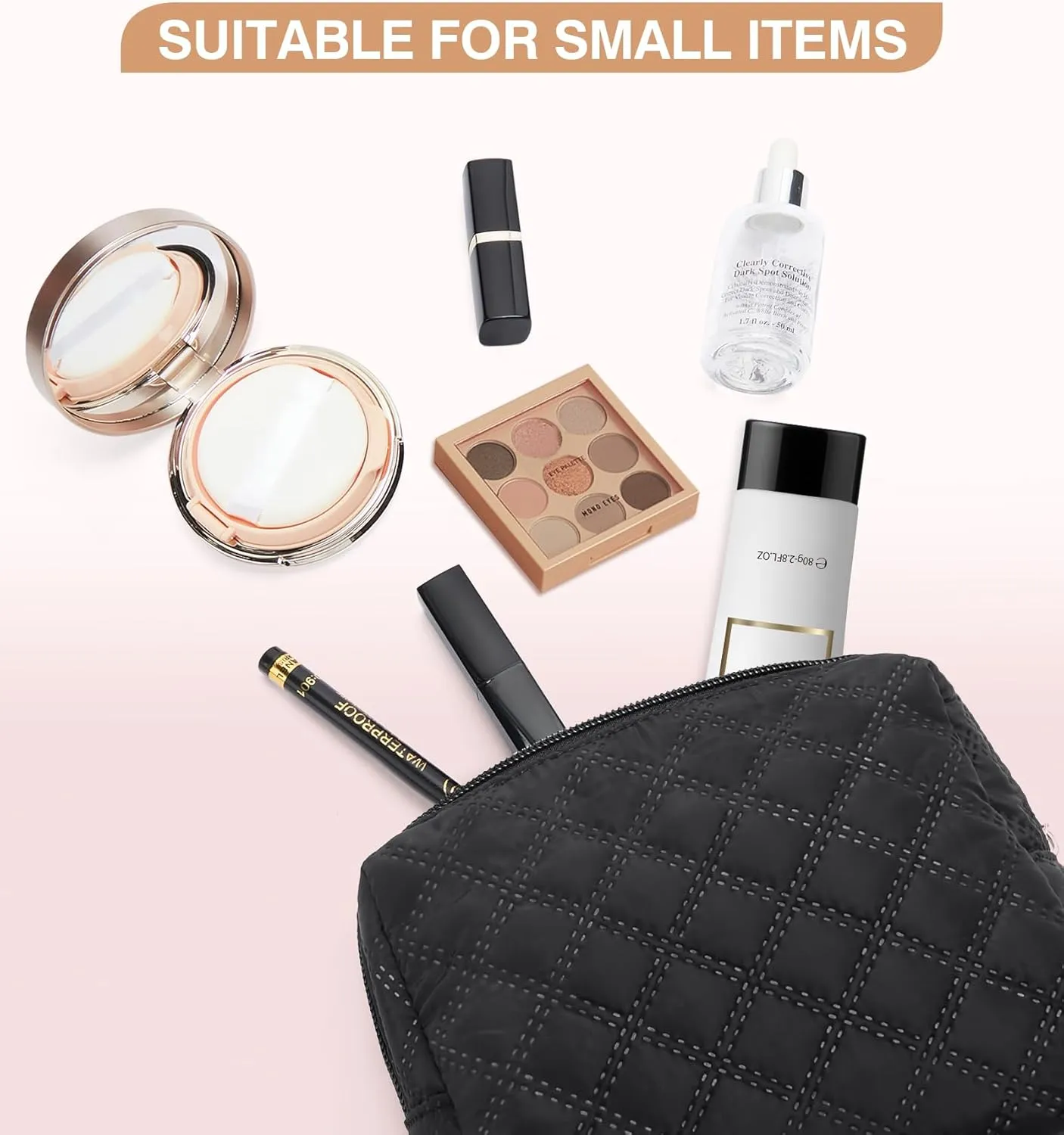 Marvolia Small Makeup Bag for Purse - Travel Cute Cosmetic Bag for Women Mini Makeup Organizer Zipper Pouch for Travel Essentials - Black(Small)