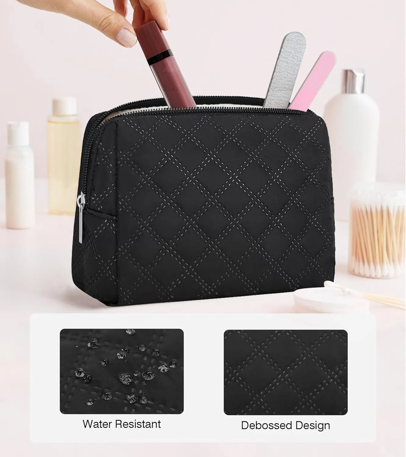 Marvolia Small Makeup Bag for Purse - Travel Cute Cosmetic Bag for Women Mini Makeup Organizer Zipper Pouch for Travel Essentials - Black(Small)