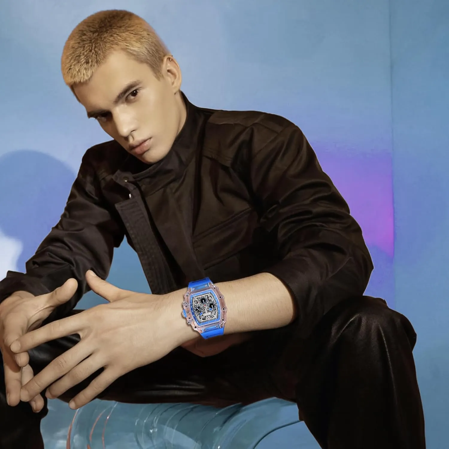 MASTOP Fashion Hollowed Men Watches Tonneau Transparent Skull Big Face Analog Display Silicone Strap Chronograph Calendar Quartz Waterproof Trend Male Wrist Watch